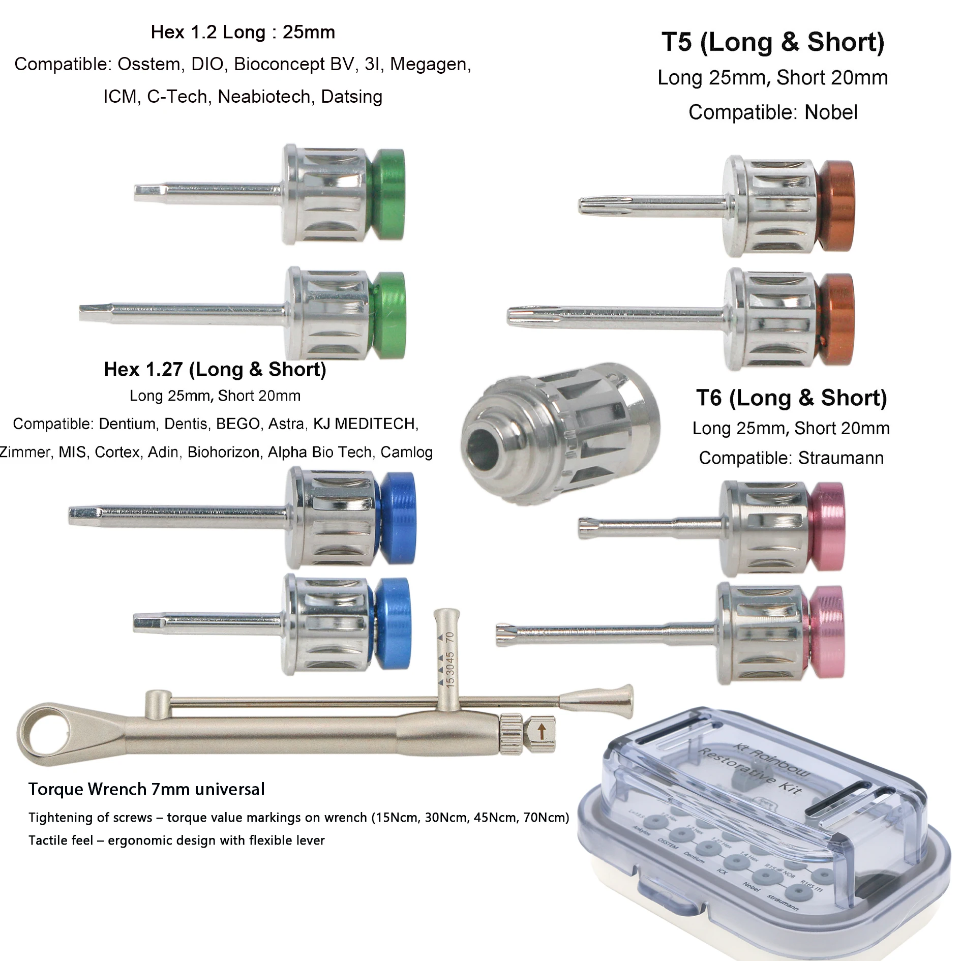 Astra Zimmer Nobel 1.2 3i Manual Adapter Implant Screwdrivers Hex Driver Dental Torque Wrench   135℃ Sterilizing Box