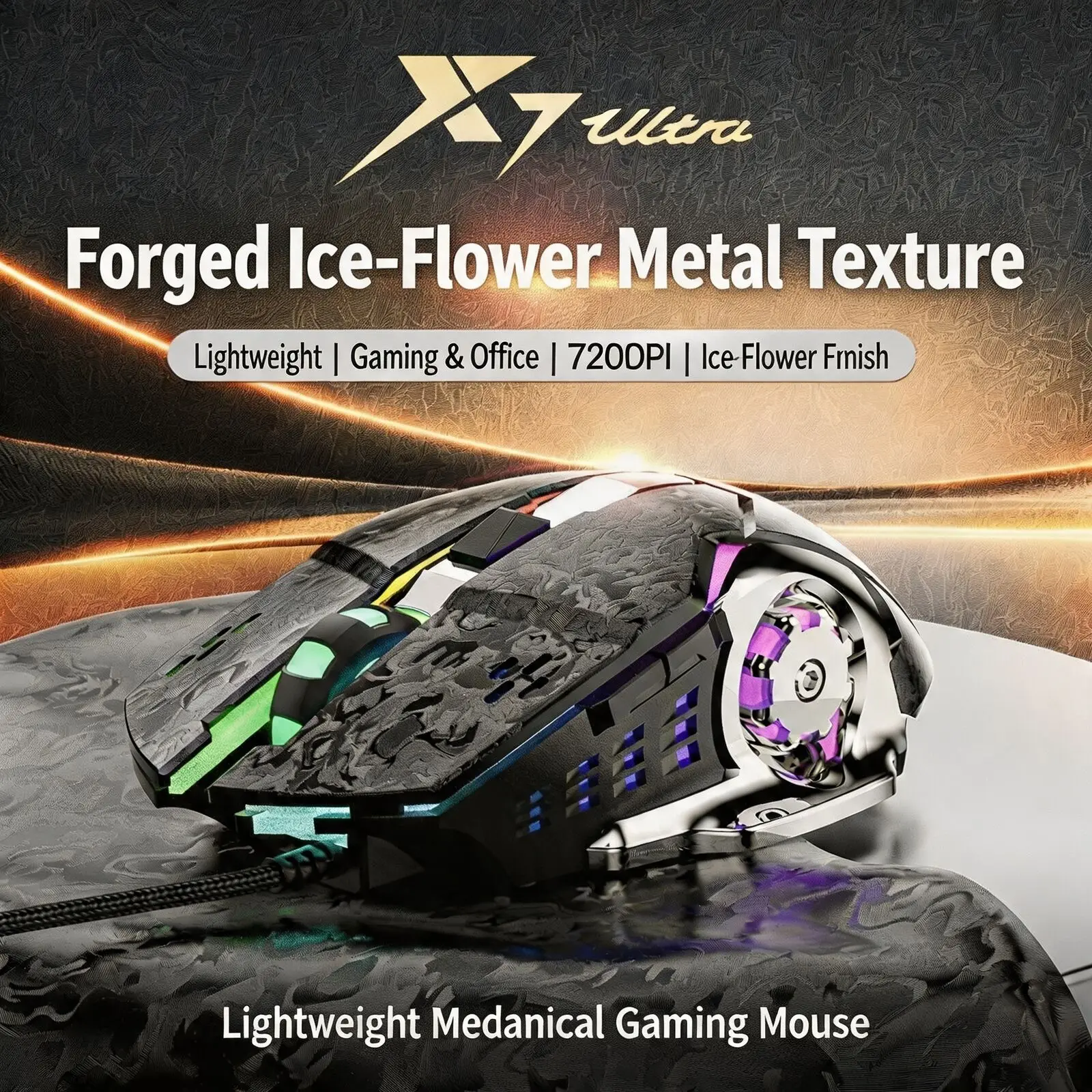 Wired Gaming Mouse 7200 DPI 6 Buttons Ice Flower Metal Texture RGB 1.5M Cable Ergonomic USB Play Mice for PC Laptop Gamer Office