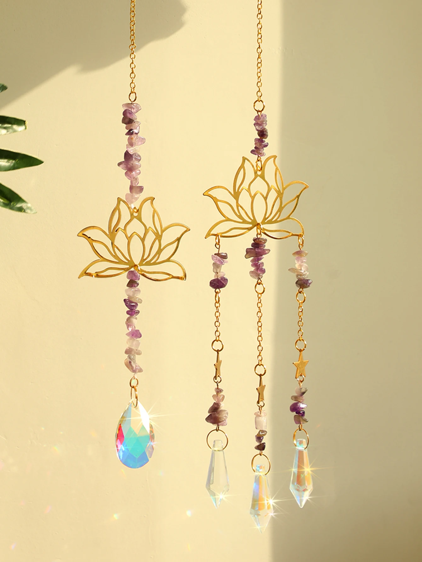 2Pcs Crystal Sun Catcher Lotus Pink Purple Hanging Decor Rainbow Maker Suncatchers Crystals Stained Glass Garden Outdoor Decors