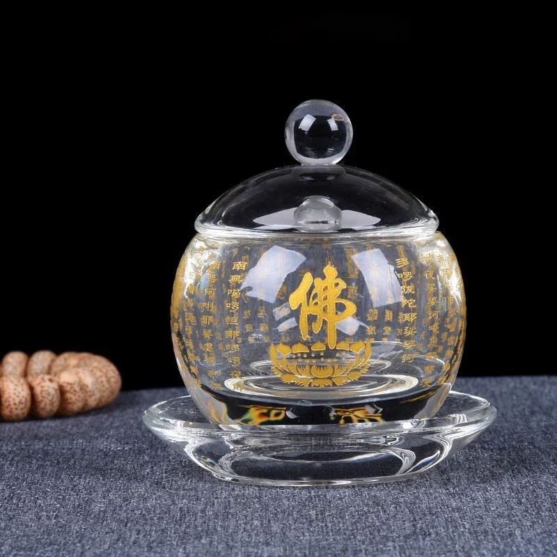 Crystal Cup for Strength & Good Fortune Holy Water Cup Lotus Buddha Supplies Chinese Gaiwan for Tea Ceremony Rituals
