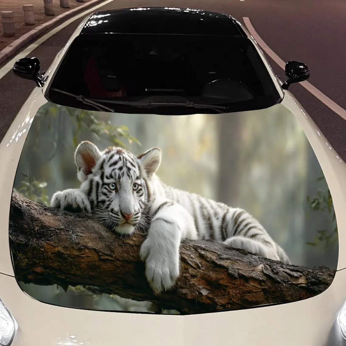 Car Decals A White Tiger Cub Exuding Cuteness And Laziness While Lounging On A Log Amid Natural Scenery Car Hood Sticker, Waterp
