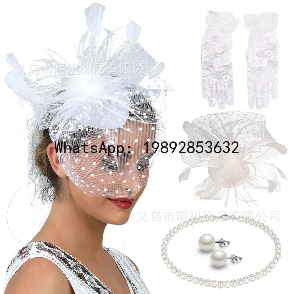 PYJ Mesh Feather Annual Meeting Bridal Hair Accessories Feather Head Flower Mesh Headband Gloves Necklace Set
