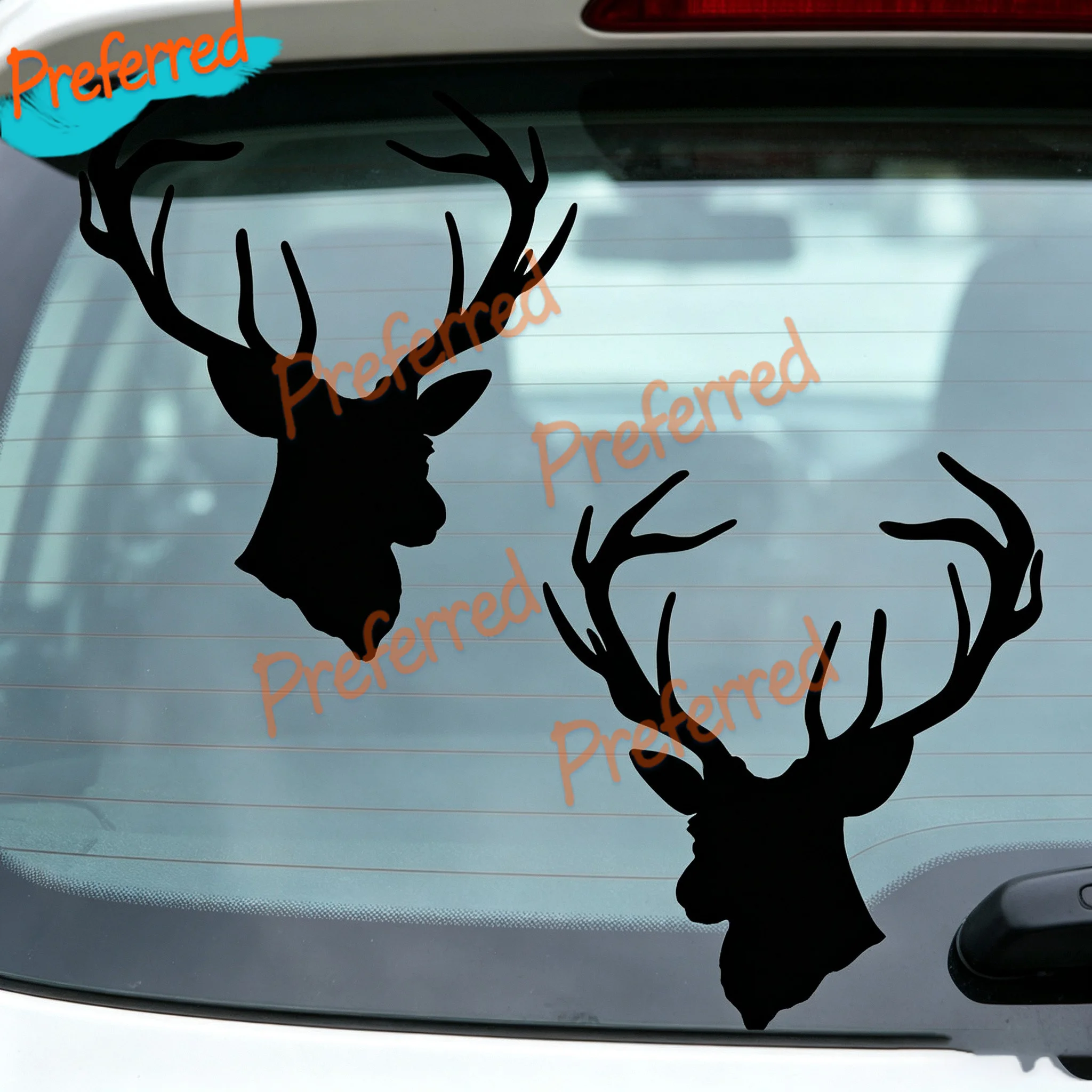 2x Deer Head Silhouette Decals Mirrored Image Set Car Truck Vinyl Hunting Stickers - Customizable in Any Sticker Size