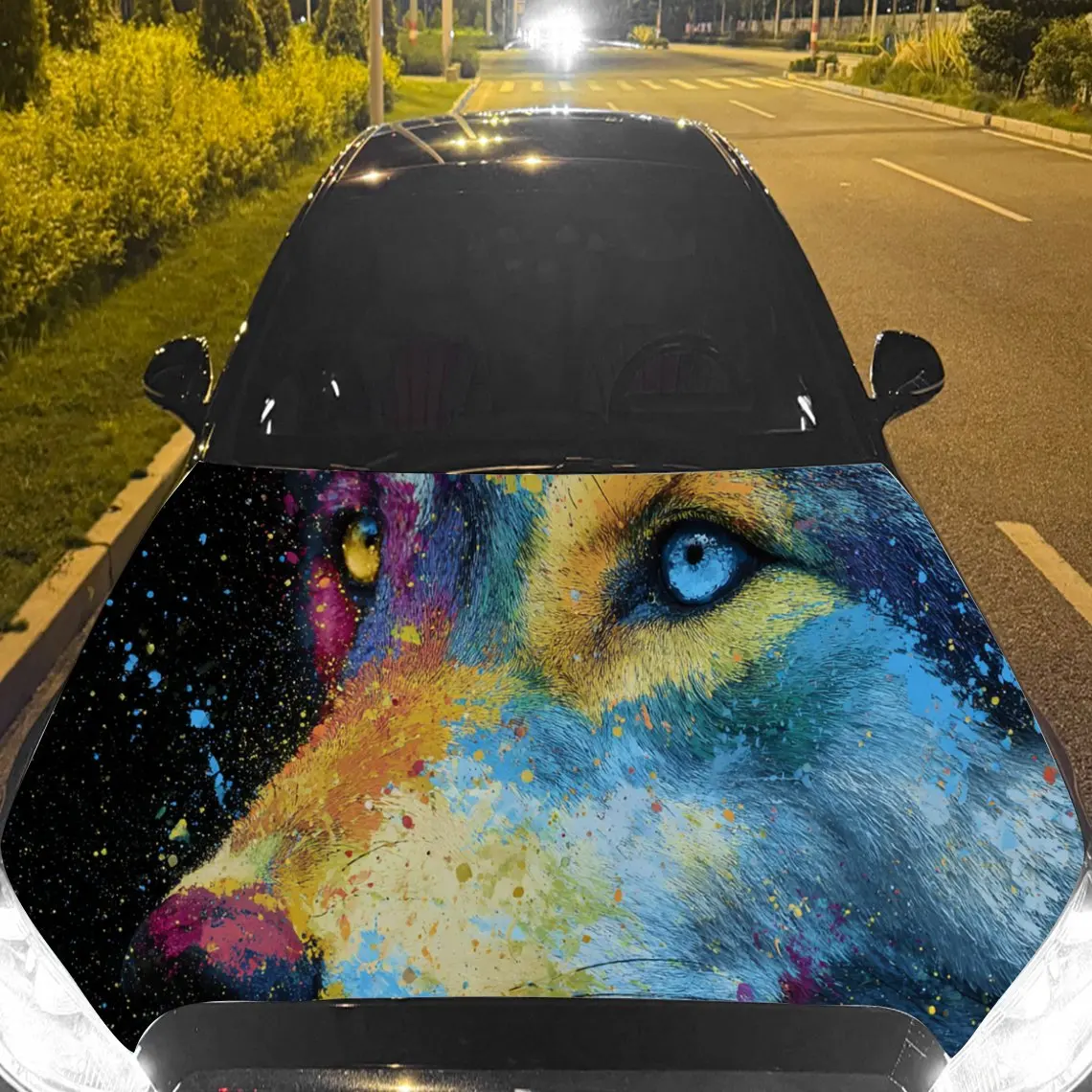 Car Decals A Colorful Wolf Head Set Against A Vibrant, Splattered Background Car Hood Sticker, Waterproof Self - Adhesive Vinyl