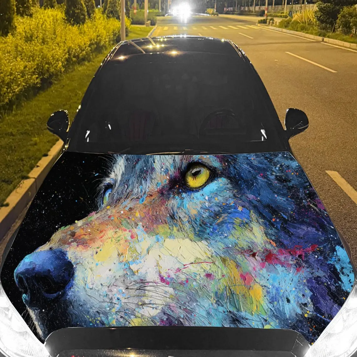 Car Decals A Colorful, Artistic Wolf Head Set Against A Vibrant Background Car Hood Sticker, Waterproof Self - Adhesive Vinyl Gr