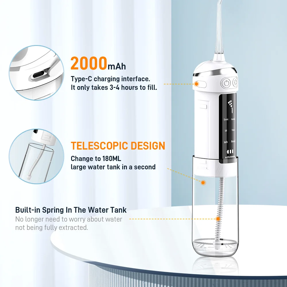 6 Modes Pull-out Oral Irrigator Portable Dental Water Flosser USB Rechargeable Water Jet Floss Tooth Pick 4Jet Nozzle 180ml IPX7