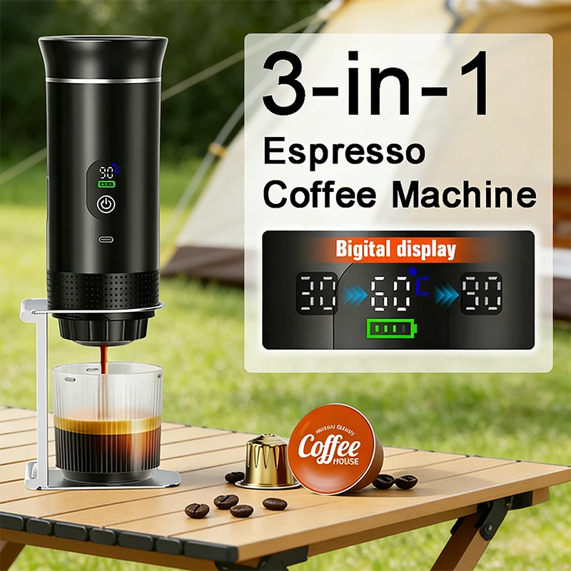 Portable Espresso Coffee Machine Digital Display 3-in-1 Wireless Heating Capsule Coffee Maker Rechargeable Home Camping Travel