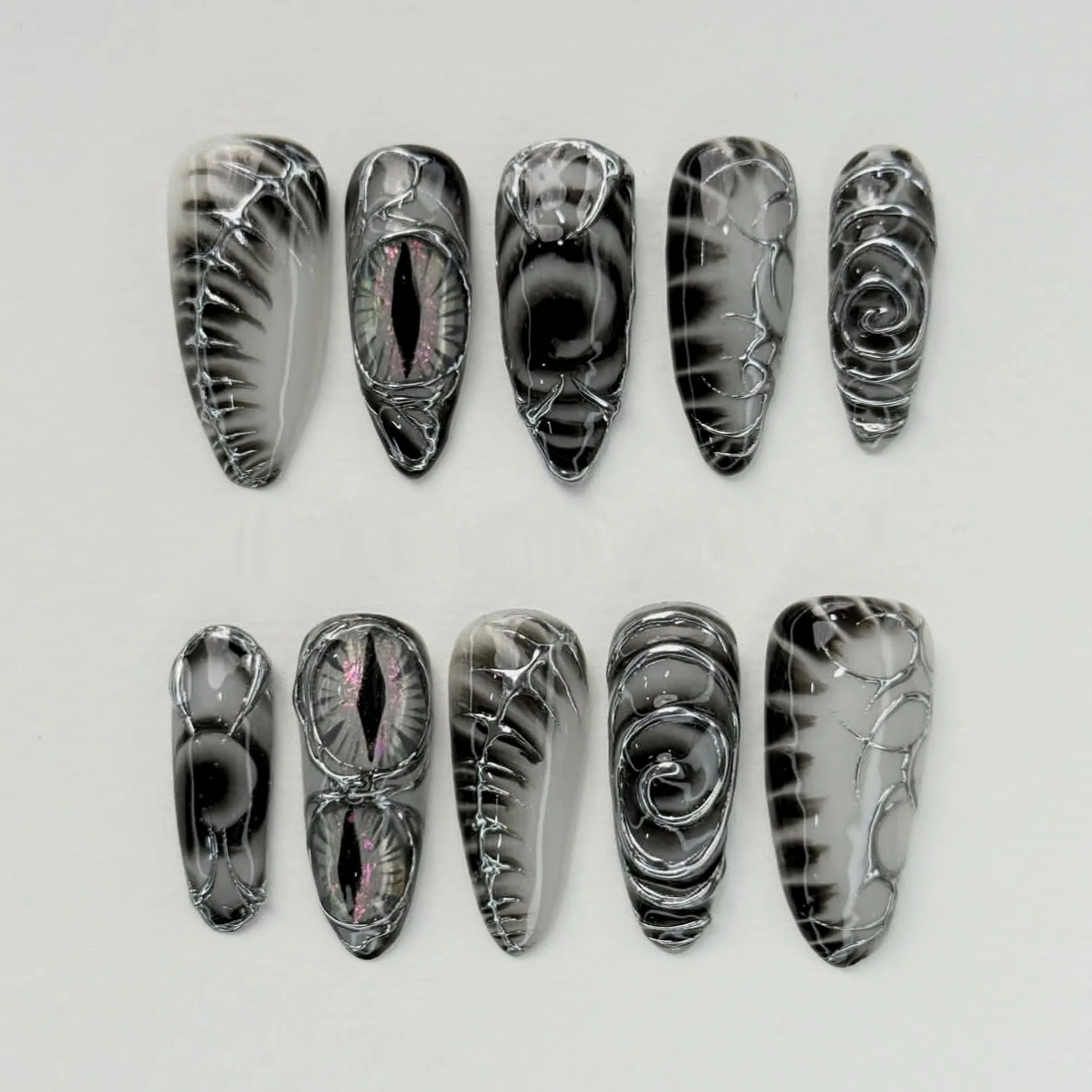 30pcs Gothic 3D Silver Line Press on Nails Snake Eye Swirl Pattern False Nail Long Stiletto Cool Grunge Dark Fake Nail for Women