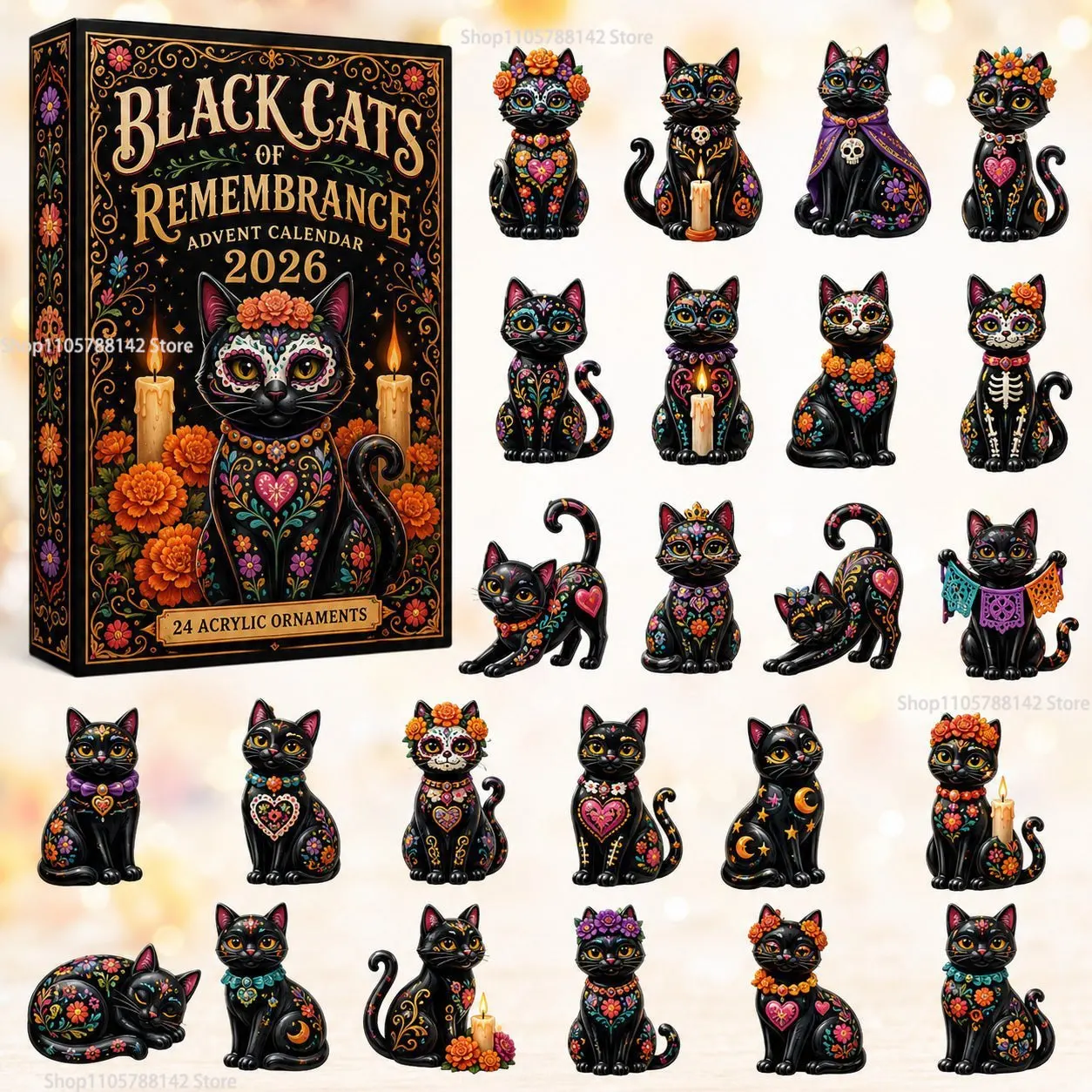 2026 Day of the Dead Cute cats&dogs Advent Calendar Countdown Calendar 2D Acrylic Flat Advent 24 Days Countdown Decor Gifts
