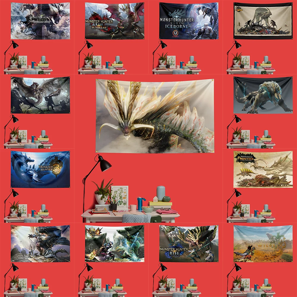 MONSTER HUNTER Inspired Flag 3x5 FT HD Printing Vivid Color Game Banner For Gaming Room Man Cave Bedroom Wall Decor Fans Gift