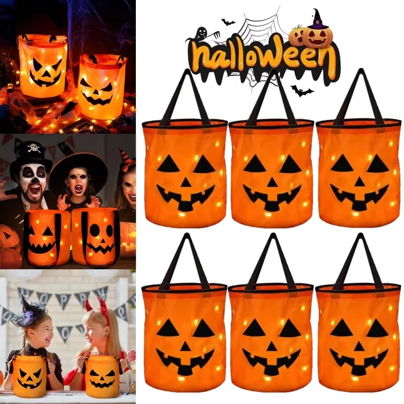 D2 LED Light Halloween Trick Or Treat Bucket Pumpkin Candy Bags Collapsible Halloween Basket For Thanksgiving Party Gift Basket