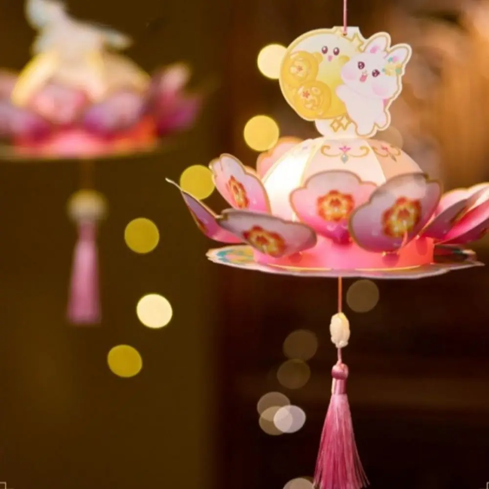 Glowing Mid-Autumn Festival Lantern LED Light with Tassel Flower Rabbit Lantern DIY Material Bag Lightweight