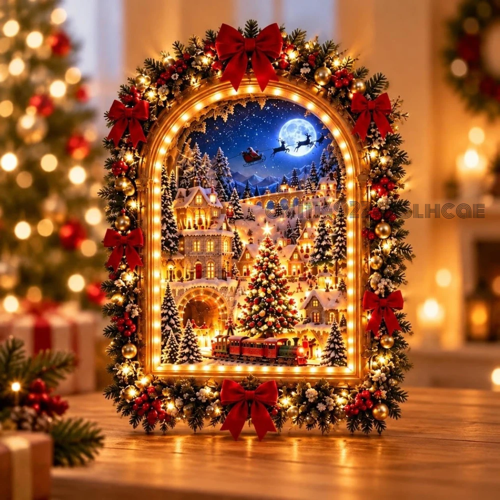The Christmas Portal Animated Christmas Village Light Up Wall Decor LED Art Xmas Holiday Indoor Glowing Magic Train Sleigh