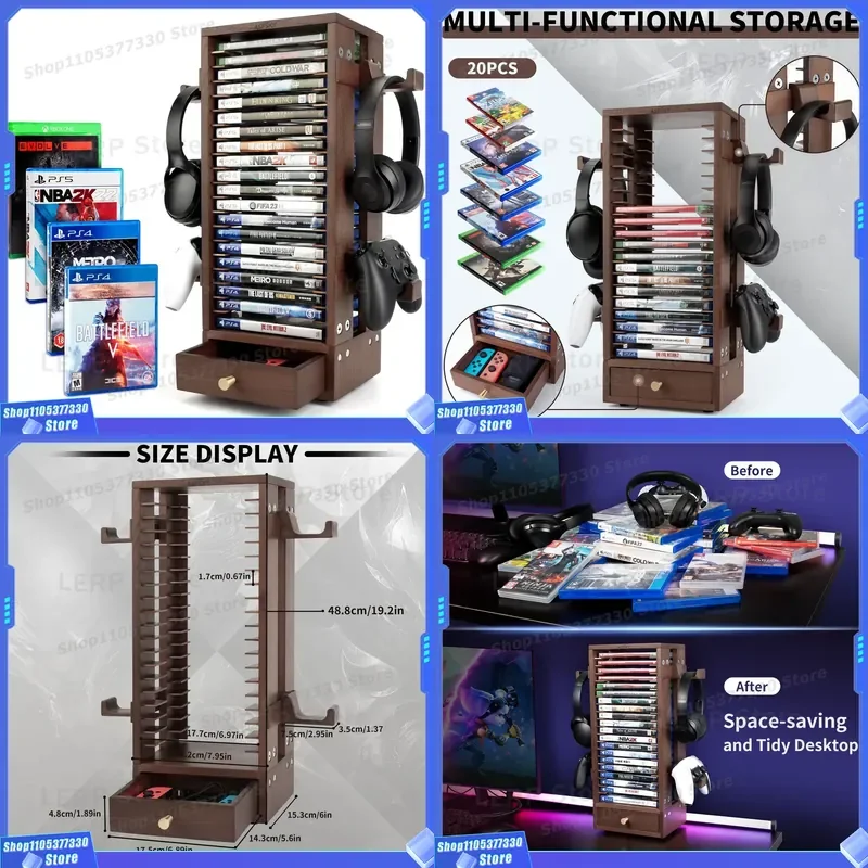 Wooden Game Disc Storage Rack for PS5 PS4 Xbox Switch with Headphone Hook and Controller Stand Organizer Shelf Holder