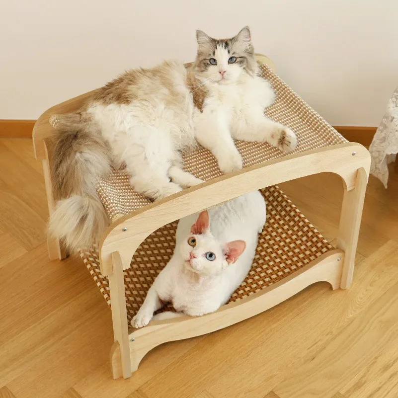 Cat scratching board and cat bed combined, cat hammock with two levels, suitable for all seasons, rattan mat