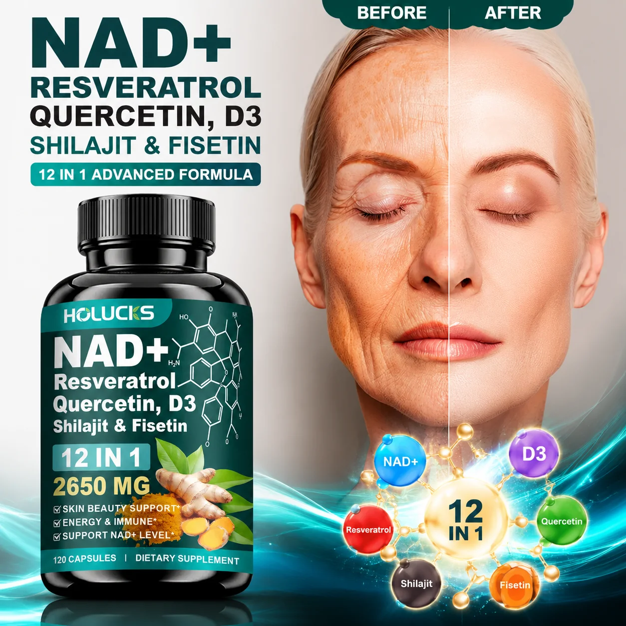 Pure Anti-Aging NAD+ Capsules, with Resveratrol, Shilajit, Support Skin Beauty, Immune Wellness, Healthy NAD+ Level for Adults