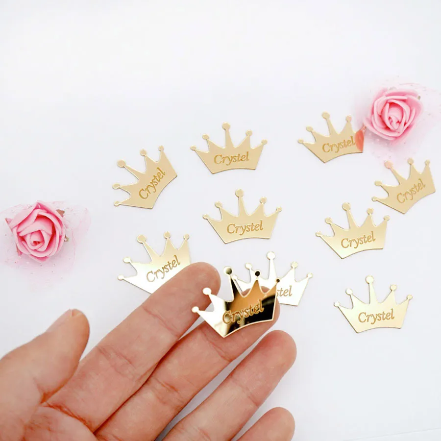 50pcs Personalized Mirror Crown Wedding Tags Table Center Decoration Card Acrylic Name Sign Stickers Party Favors Laser Cut Gift