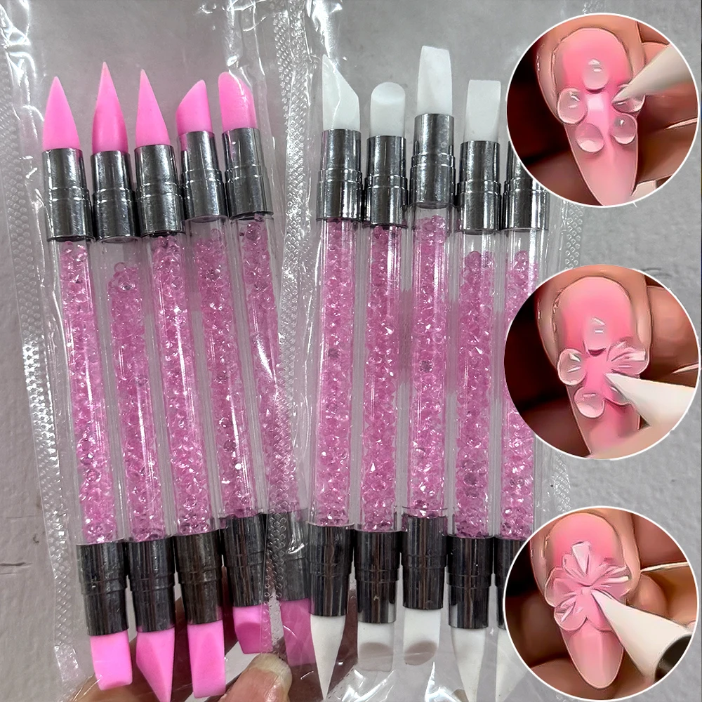 5pcs Pink Sculpture Dotting Pen Nail Art Silicone Brush Double-Head Carving Painting Modeling Sculpting Tool for Decal Embossing