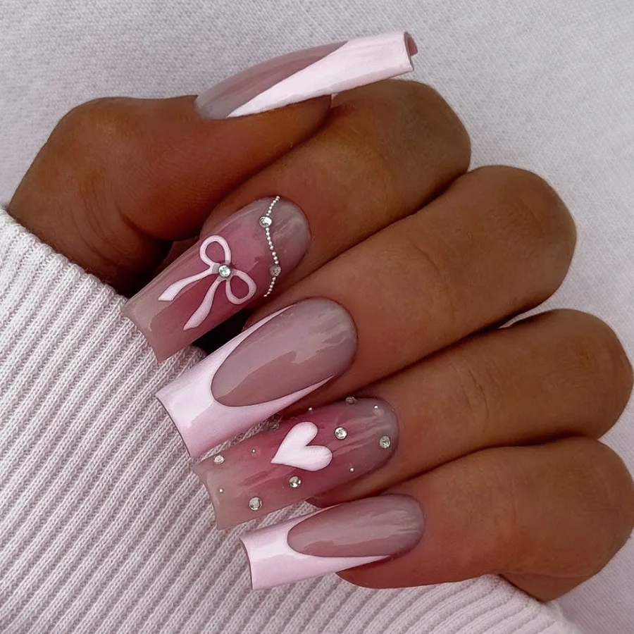 24Pcs Mid-length Square Head Nails Set Press on Pink French Bow Heart Full Cover Fake Nails Tips Rhinestone Reusable False Nails