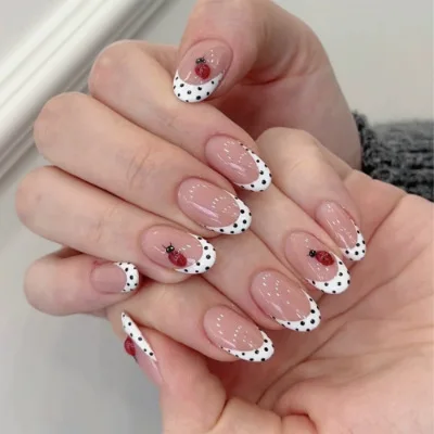 24Pcs Pink French Polka Dot Press on Nails Sets Full Cover Playful Ins Almond Head Fake Nails Cherry Bow False Nail Korean-style