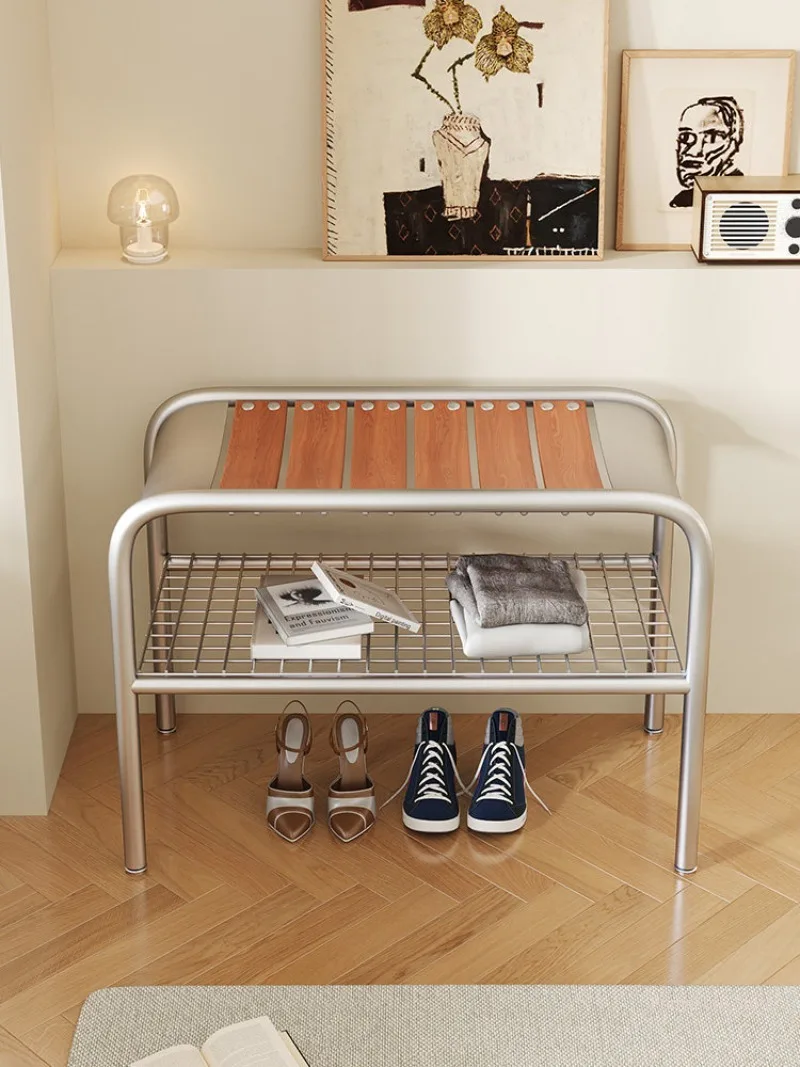 Premium Vintage Mid-Century Wrought Iron Shoe Bench Stainless Steel Finish Entryway Shoe Storage Cabinet For Home