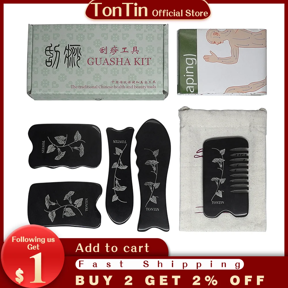 Tontin natural Buffalo Horn Guasha therapy massage sraping tool set face neck gua sha scraper board for paint removal