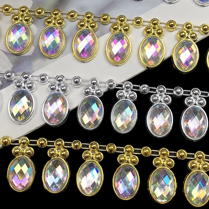 8 Yards 2.5cm Wide Premium Gold Silver Iridescent Rhinestone Chain Lace  for Bags Shoes and Hair Accessories Home Decor