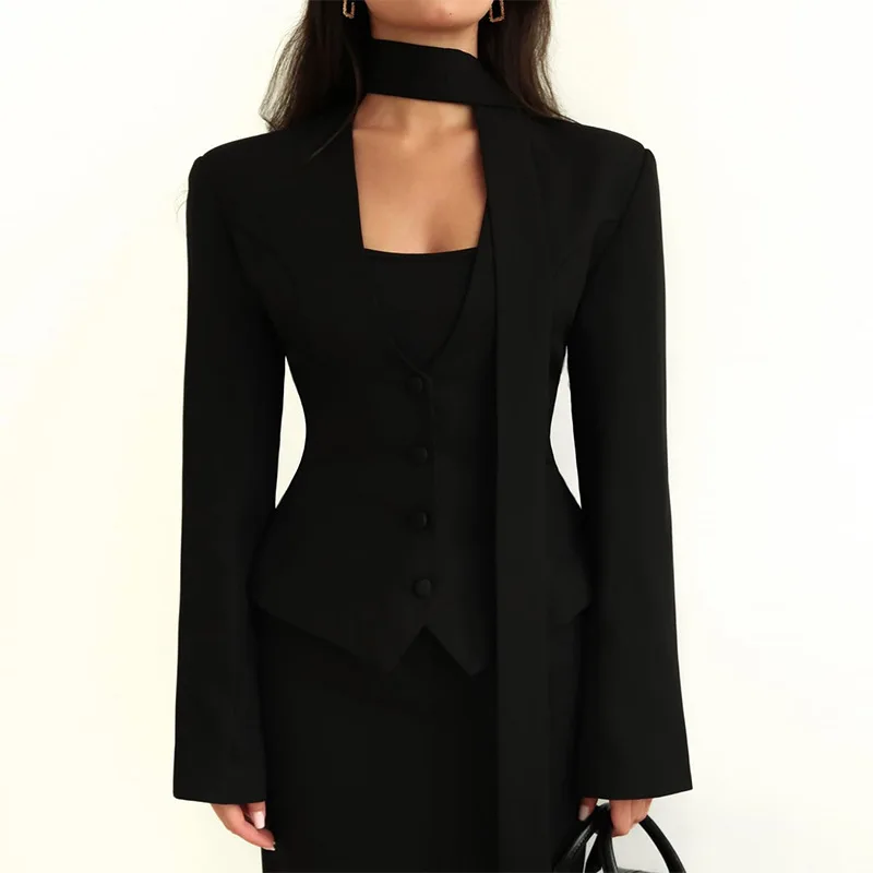 Blouse Jacket Suit Women's Spring/Autumn Solid Colour V-Neck Scarf Long Sleeve Fashionable Distinctive Casual Versatile Premium