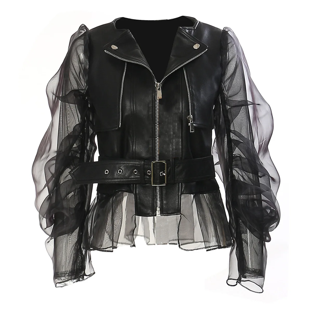 Fashionable and domineering women'sperspective patchwork mesh leather jacket motorcycle rock zipper jacket premium Women's tops