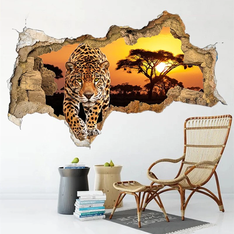Agile Leopard Animal Poster Old Tree Sunrise View Vinyl Wall Hole Art Mural Stickers Home Decoration for Living Room Bedroom
