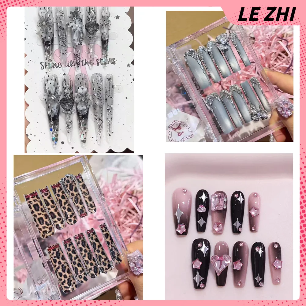 Y2K Spicy Girlish Style Leopard Diamond Stars Long Coffin Nail Art 3D Flower Dots Gemstone Line Almond Fake Nail Party Stickers