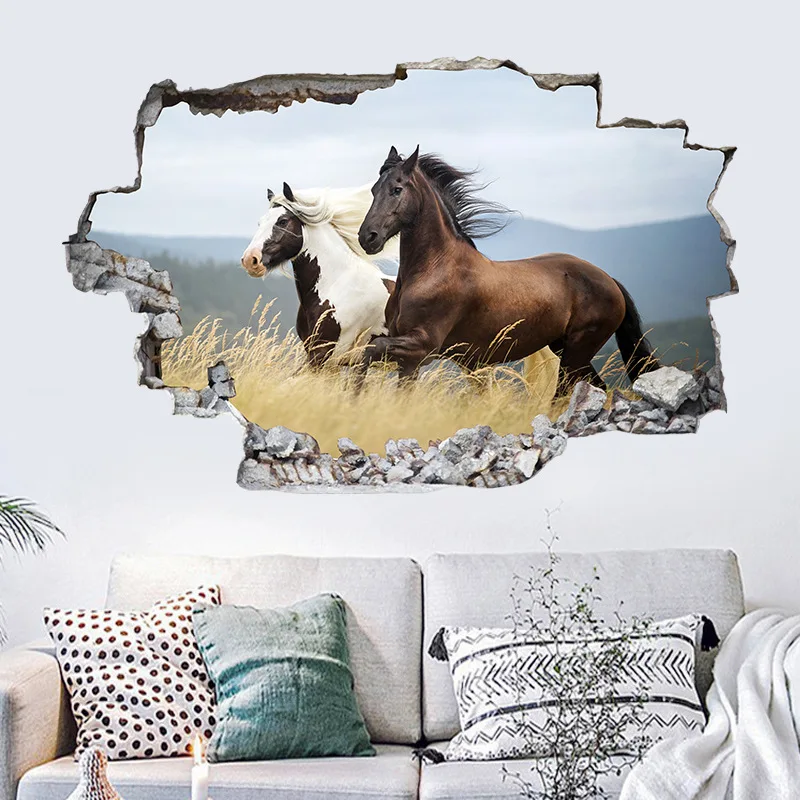 Galloping Fine Horse Wall Hole Art Grassland Animal Vinyl Poster Stickers Removable for Aesthetic Rooms Home Office Decorations