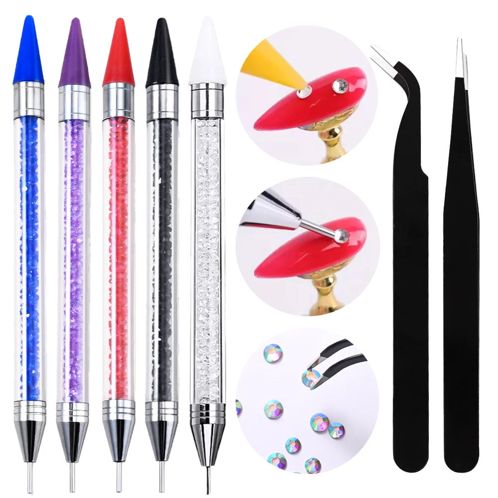 3pcs/set Nail Art Rhinestone Dotting Wax Pen with Stainless Steel Tweezers Mul-style Acrylic Metal Nail Diamond Picker Drill Pen