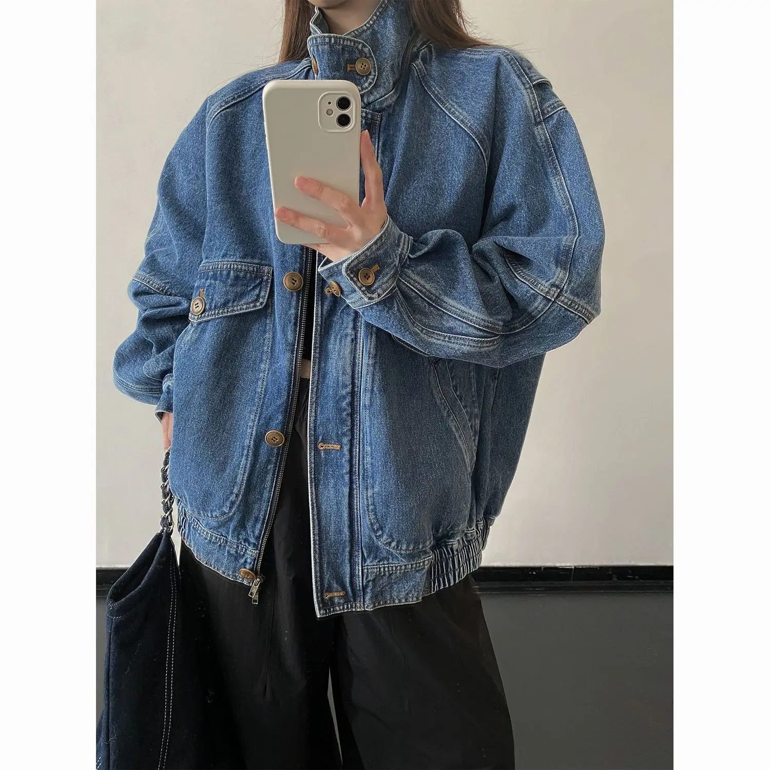 Premium Washed Denim Texture Lapel Contrasting Color Profile Jacket Women's Versatile