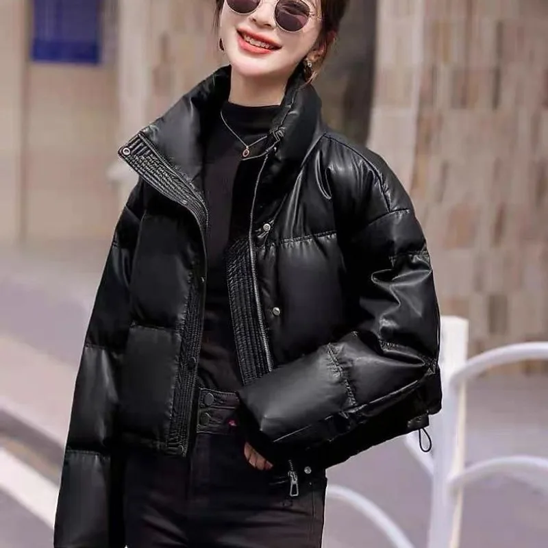 Solid Color Windproof Cropped Puffer Jacket Women Winter Thick Short Coat Warm Coat Fluffy Parka Vintage Tops Women's Clothing
