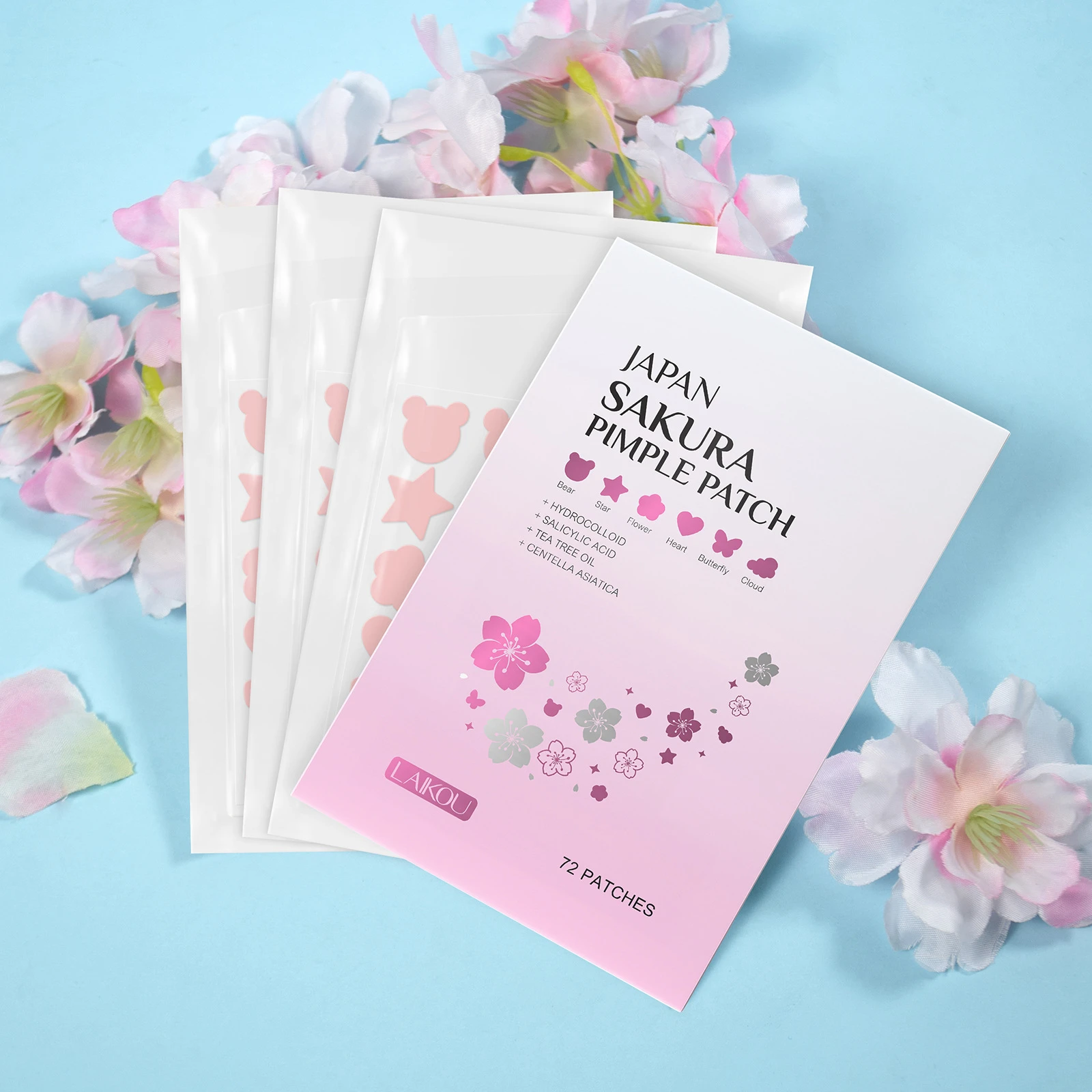 LAIKOU Sakura Acne Patch Invisible Hydrocolloid Pimple Patch for Face Concealing Zit Sticker Blemish Cover SpotTreatment 72Pcs