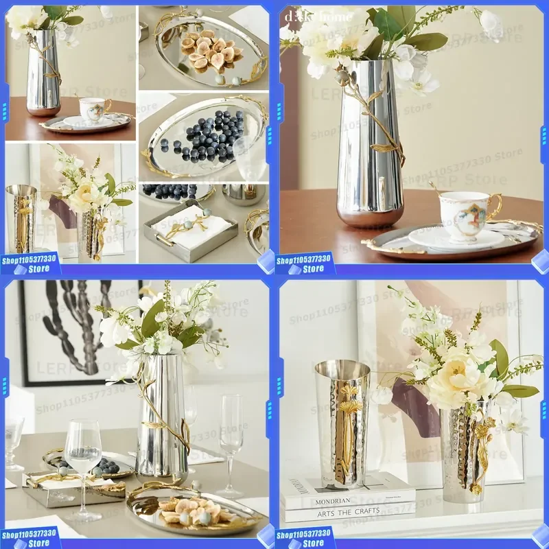 Silver Stainless Steel Oval Tray with Ginkgo Leaf Handle Light Luxury Home Decor Long Serving Platter for Kettle Vase Napkin