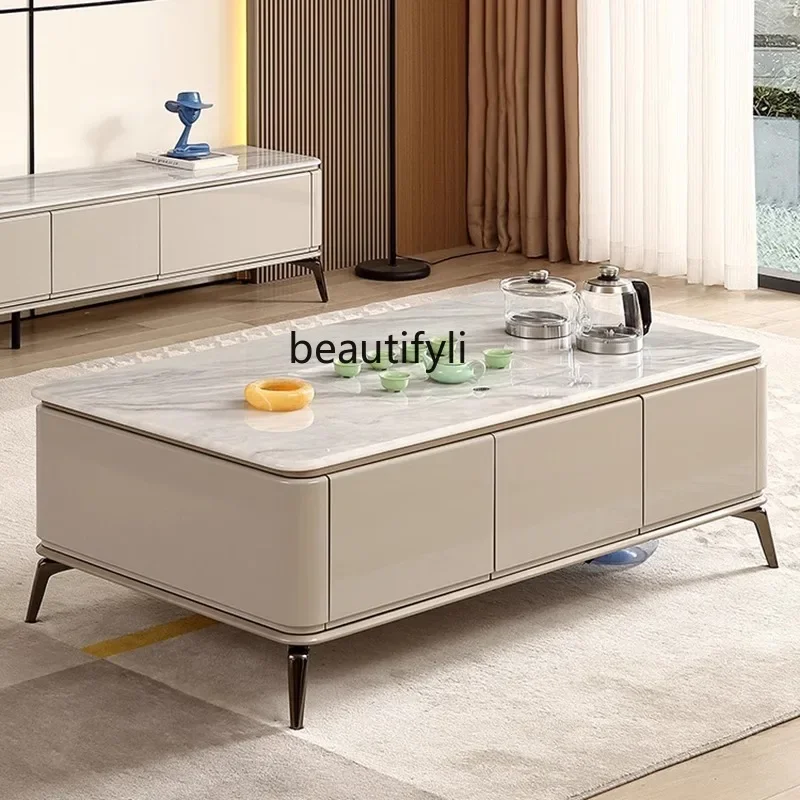 Light Luxury Super Crystal Stone Coffee Table TV Cabinet Set Living Room Household Tea Table with Integrated Kettle