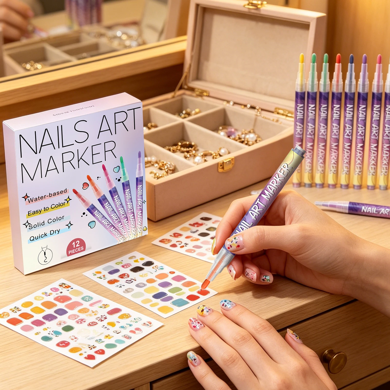 12-Color Diy Colorful Nail Art Pens Bright Color Quick Dry Waterproof Manicure Design Suitable Beginner Nail Art Drawing Pen Kit