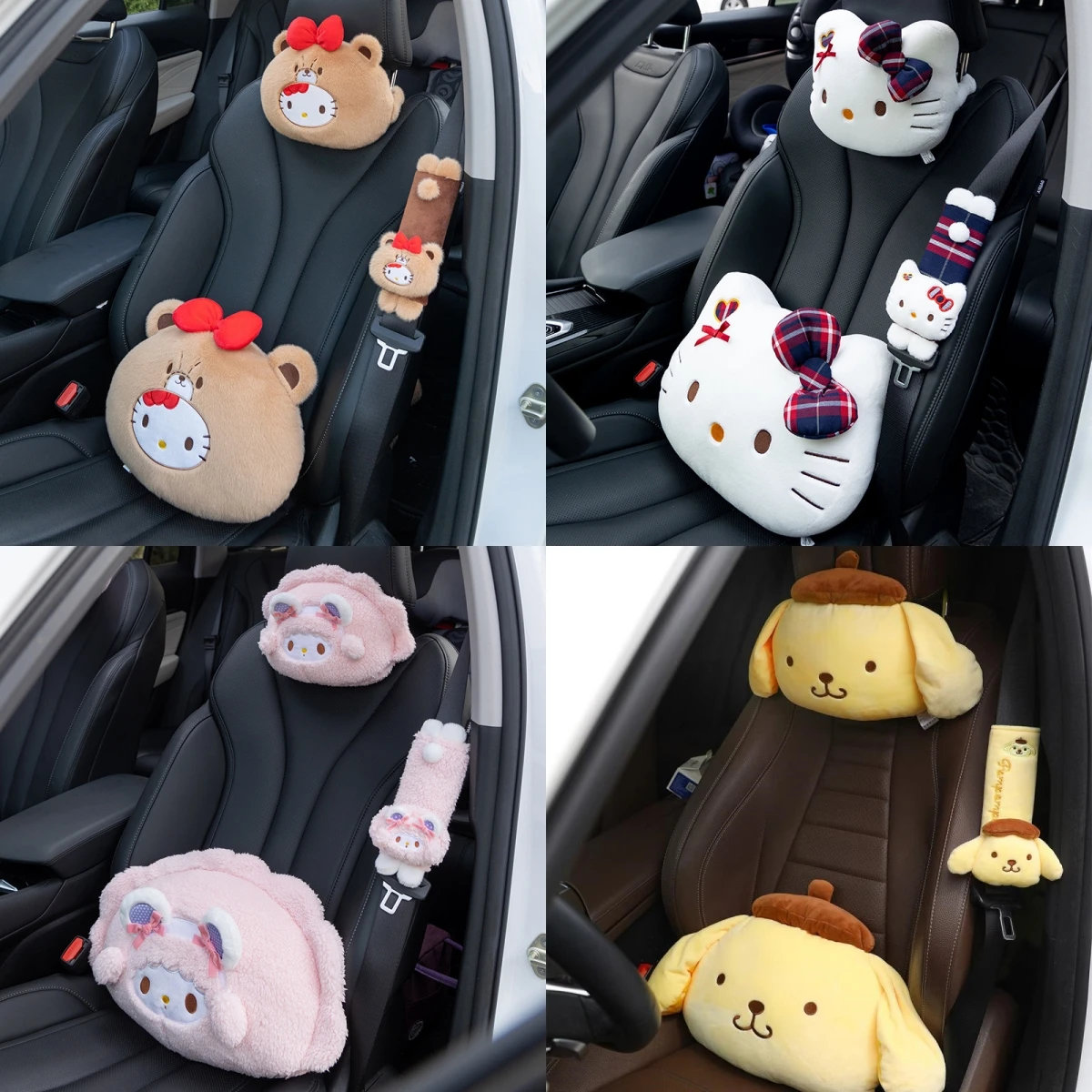 Hello Kitty Car Headrest Pillow Winter Warm Plush Doll Neck & Lumbar Support Cushion Adjustable Car Seat Pillow Seat Belt Cover