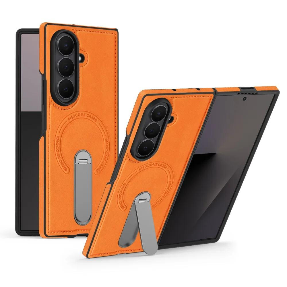 Retro Solid Color Genuine Leather Flip Cover for Samsung Galaxy Z Fold7 6 5 with Back Supports Wireless Charging