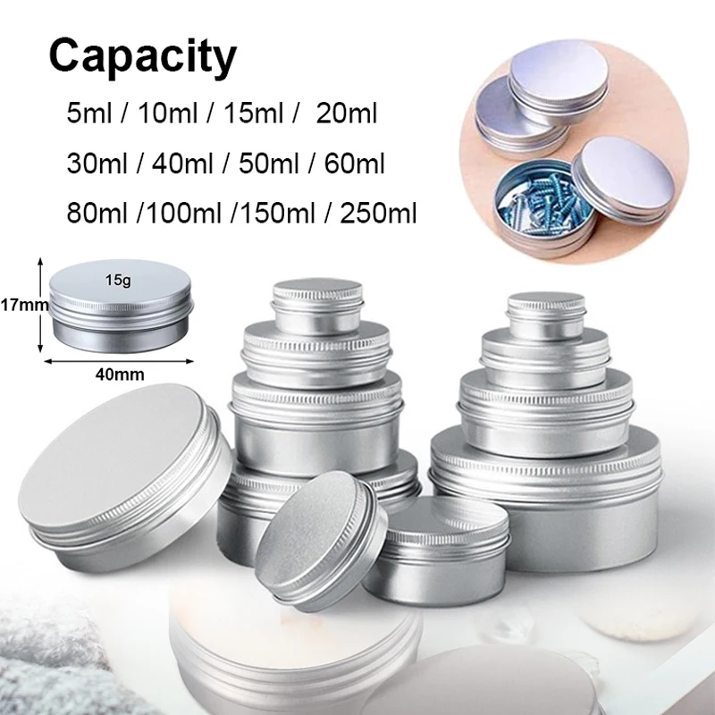 1/5/10pcs 5-250ml Empty Silver Aluminum Tins Cans Screw Top Round Candle Spice Tins Cans with Screw Lid Containers