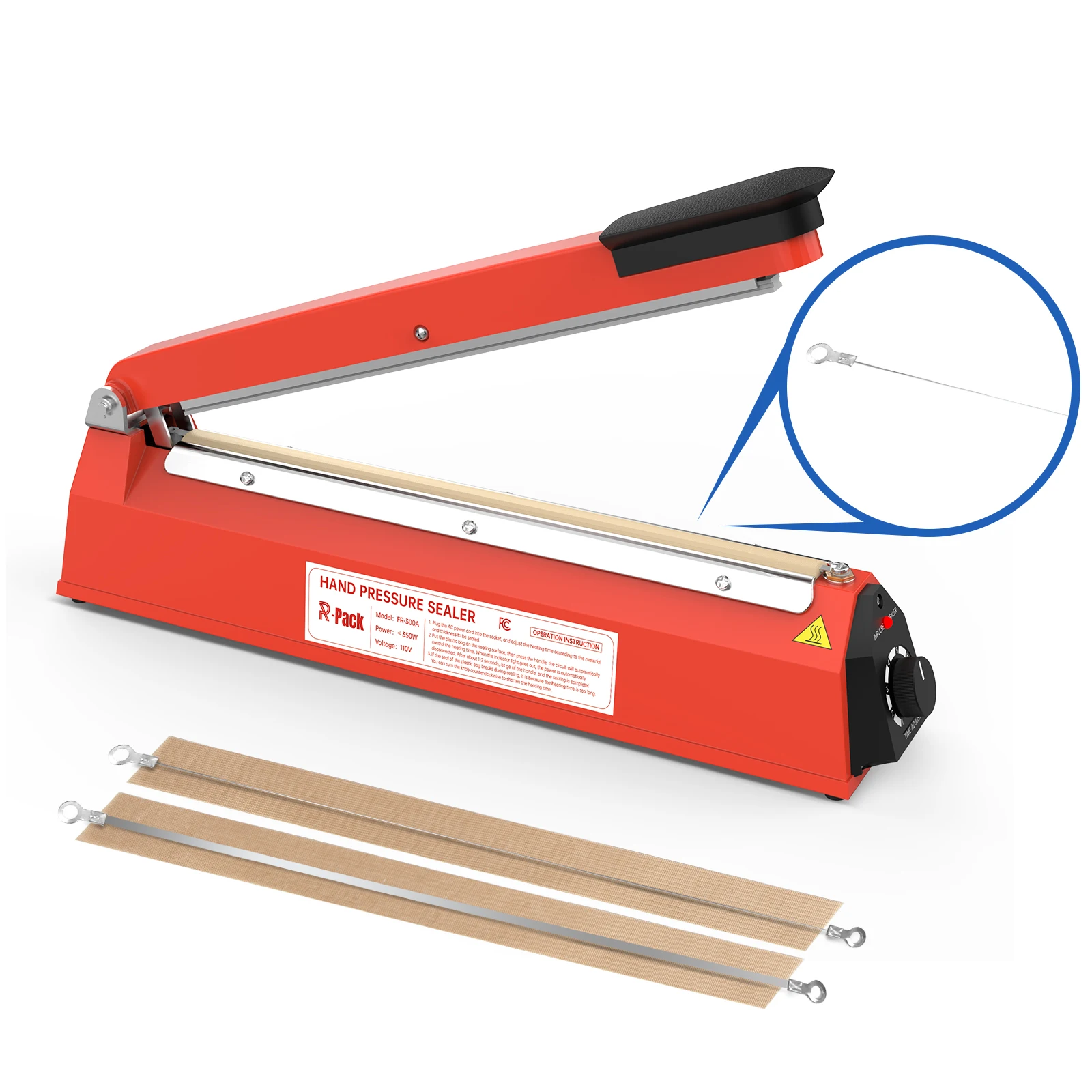 R-PACK Impulse Heat Sealer with Cutter, Heavy-Duty Bag-Sealing and Cutting Machine, 2 Extra Replacements (Red , 12 Inch)