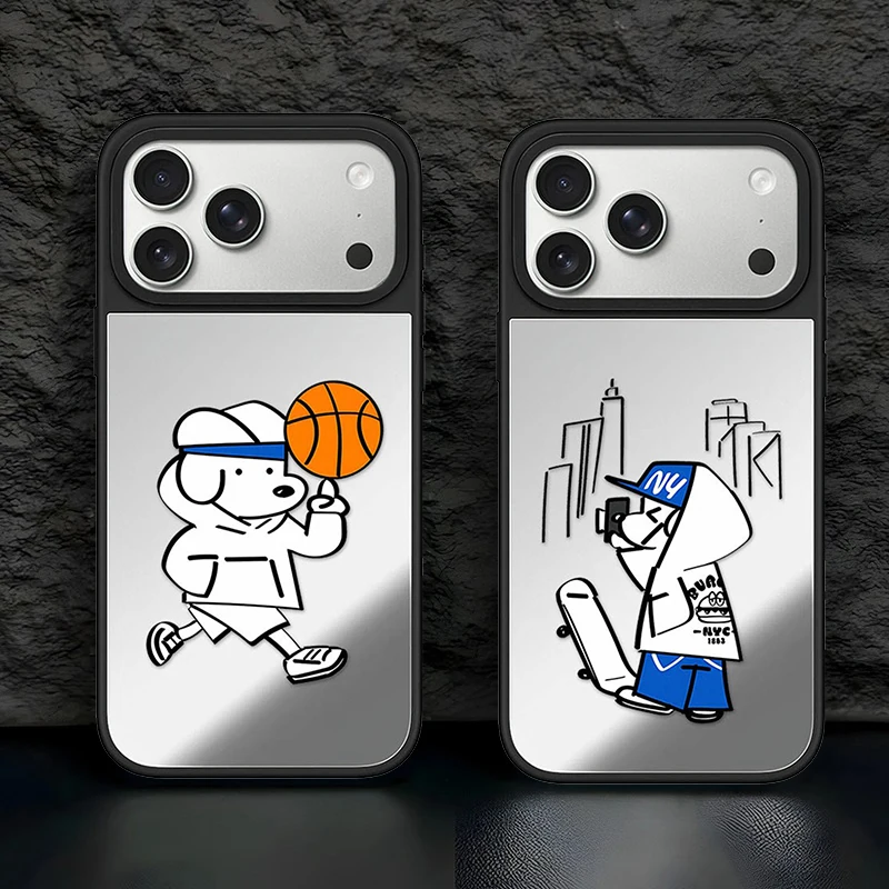 Cartoon Hoodie Dog Pattern Mirror Surface Magnetic Phone Case Cover for IPhone 13 14 15 16 17 18 Pro Max Case