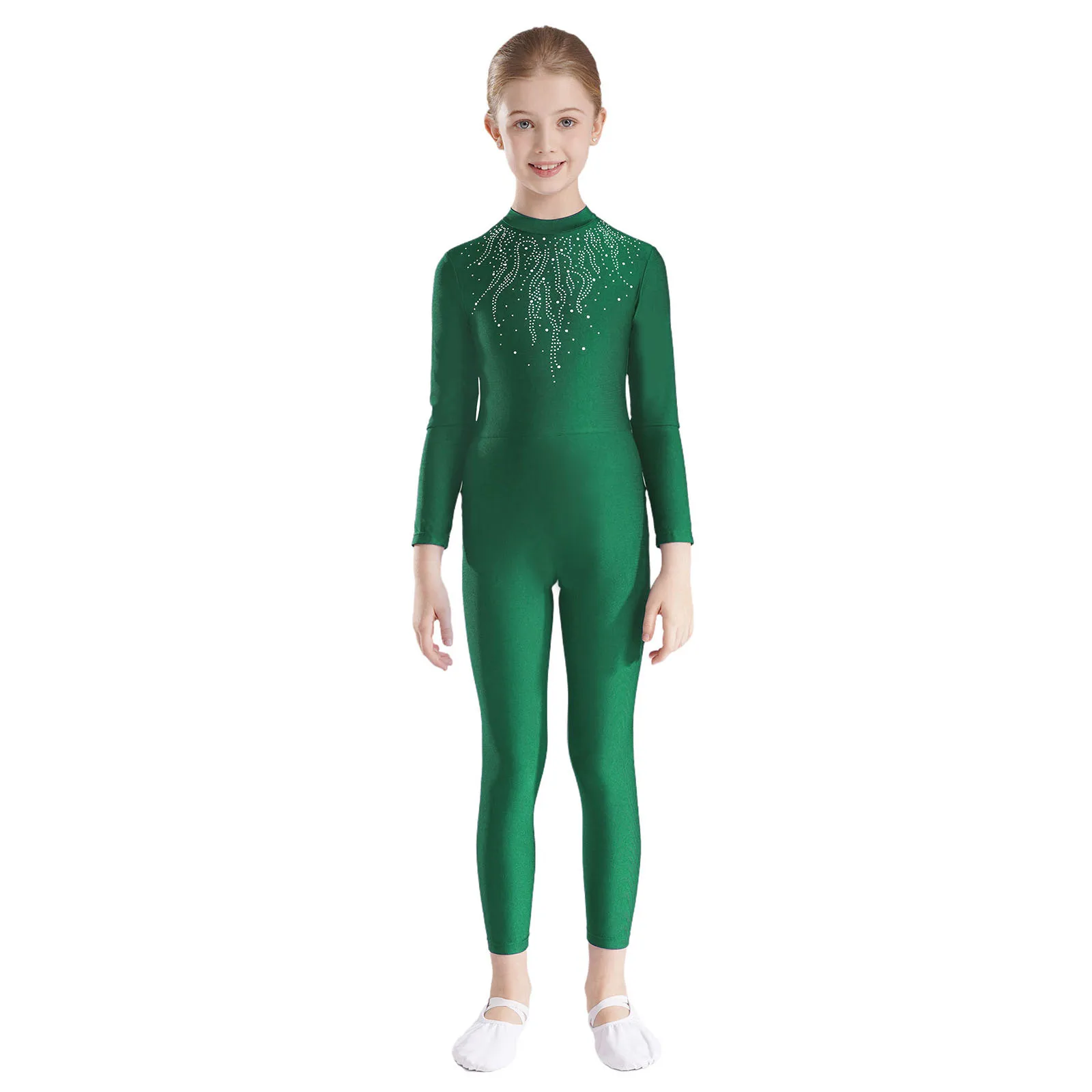 Kids Girls Gymnastics Dance Leotard Ballet Figure Ice Skating Acrobatics Costume Long Sleeve Rhinestones Jumpsuit Yoga Bodysuit