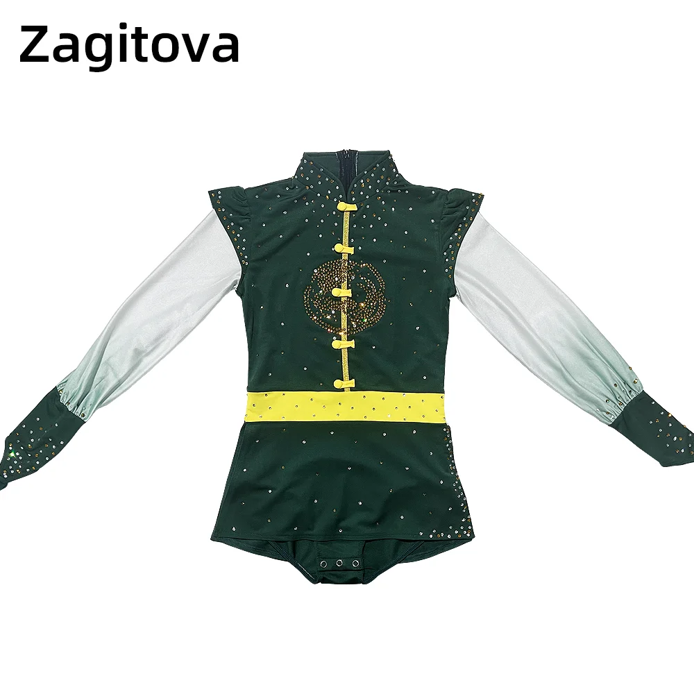ZAGITOVA Figure Skating Dress For Men And Boys Ice Skating Clothes Acrobatics Gymnastics Jumpsuit With Diamonds Green Gradient