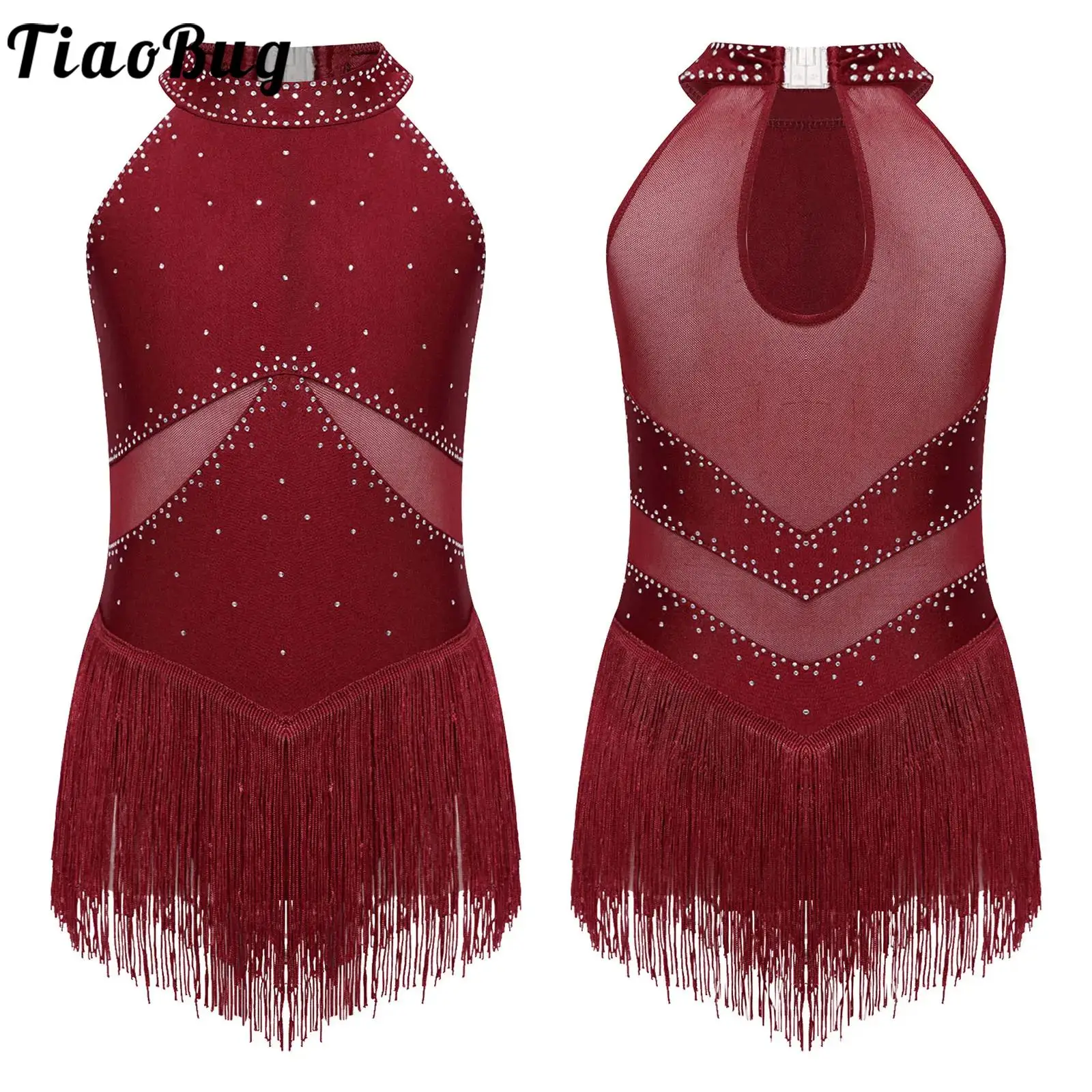 Kids Girls Ballet Gymnastics Fringed Dance Leotard Dress Glittery Rhinestones Sheer Mesh Figure Ice Skating Bodysuit Dancewear