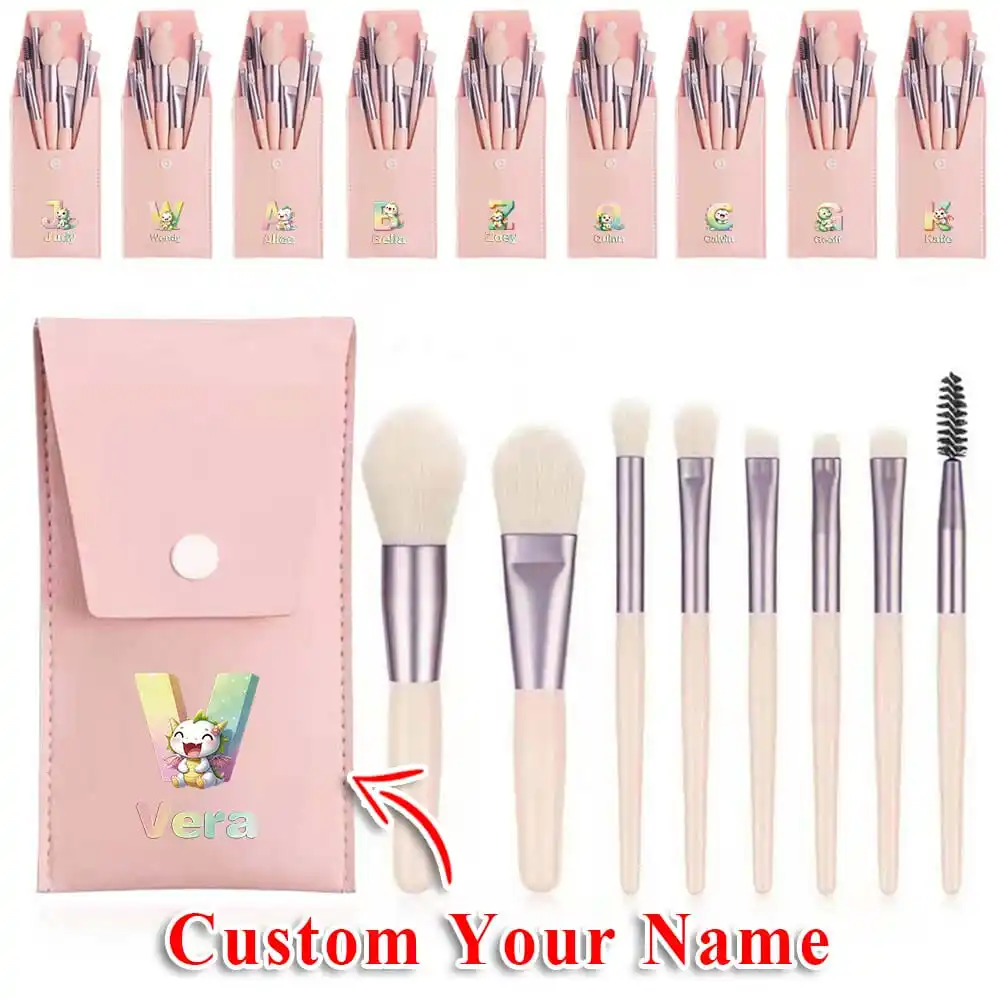 8 in 1 Customized Name Women Makeup Brush Kit With Bag Cosmetic Brush Storage Pouch Container With Powder Brush 26 Letters