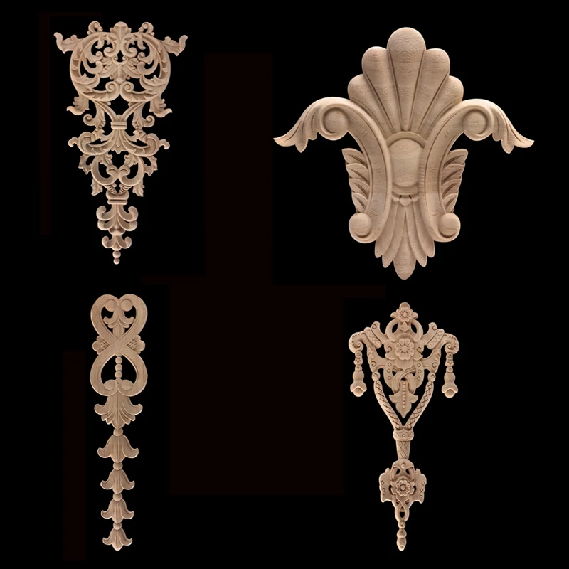 Unpainted Antique Modern Ornamental Long Crown Leaves Wooden Walls Cabinet Home Wood Craft Wood Mouldings Wood Applique Onlay