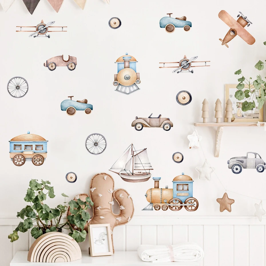 Watercolor Cartoon Airplane Train Wall Stickers Hot Air Balloon Stickers for Kids Room Nursery Decoration Wall Decals
